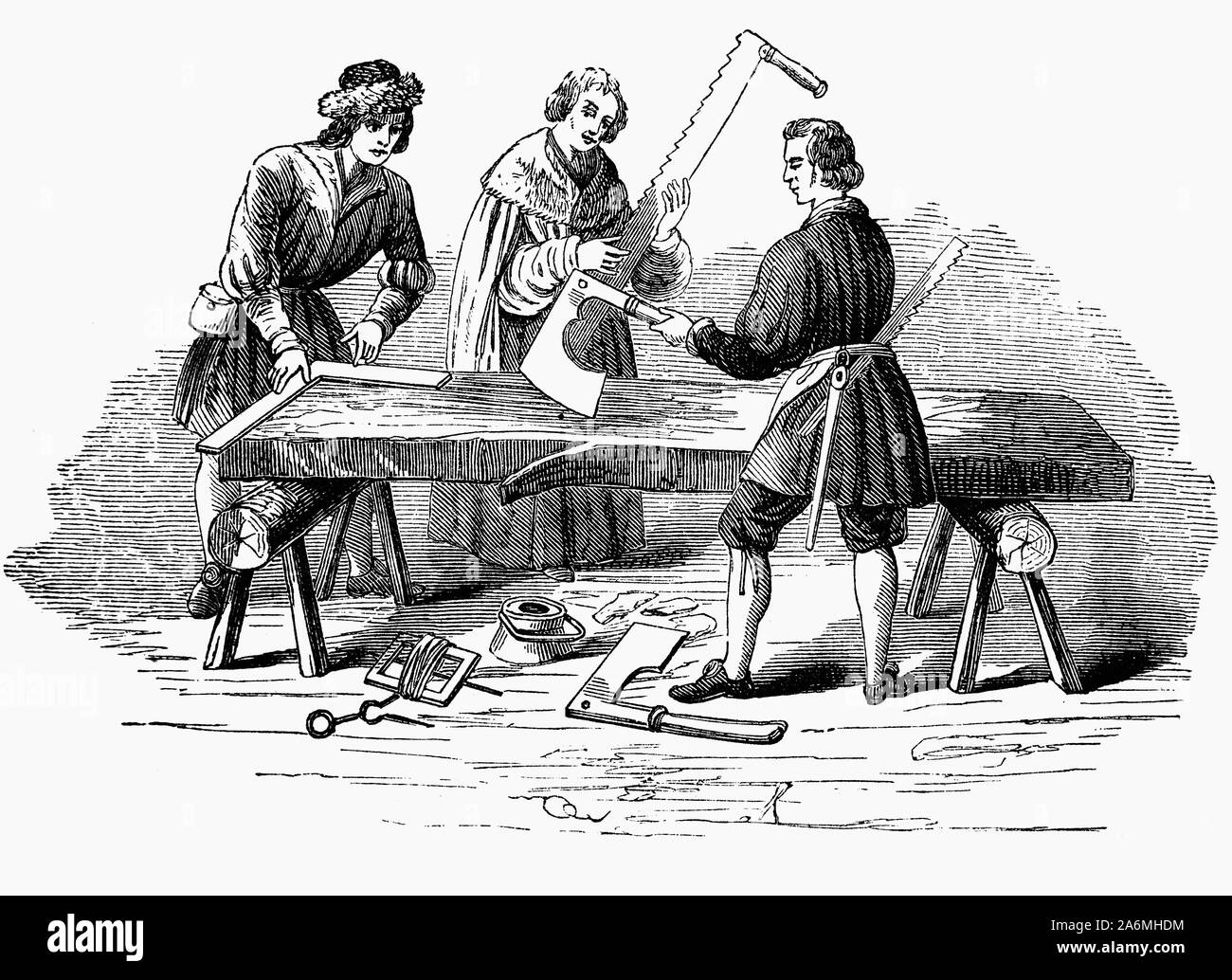 16th Century carpenters at work. Prior to power sawmills and corporate lumber production, much of the carpenter’s project time was filled with simply making trees into boards. Joiners typically worked 6 days per week, 12 hours per day in summer, a minimum of 8 hrs in winter. Most of those involved in the building trades were paid a daily wage or piece rate, the wages slightly higher in London and a substantial proportion of a joiner's wealth might be represented by his tools and stock of timber. Stock Photo
