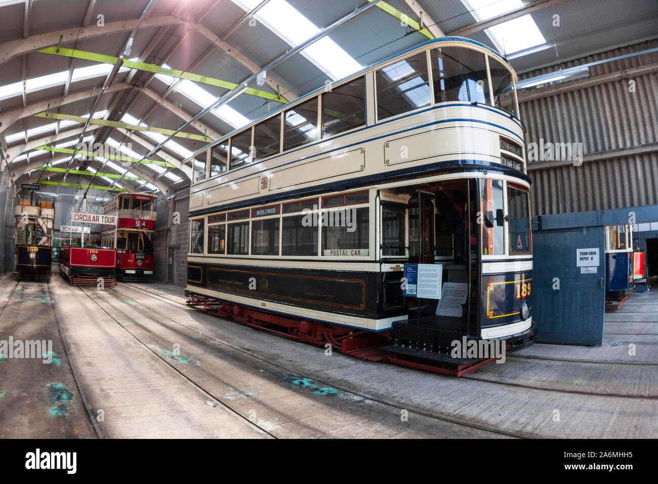 Tram Shed Depot, The National Tramway Museum at Crich Tramway Village, Crich, Derbyshire Stock Photo