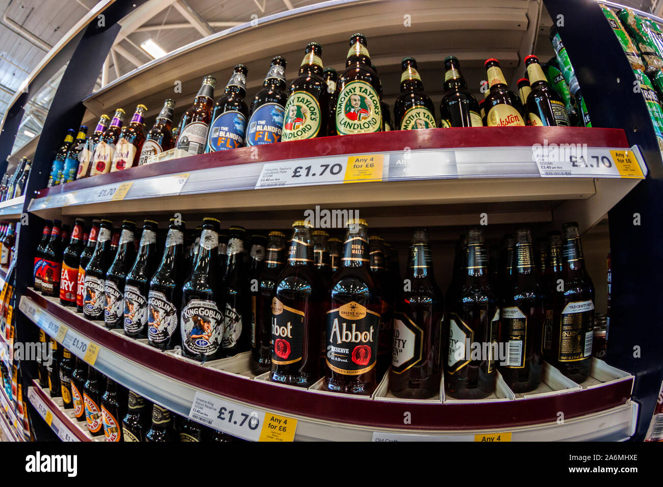 Craft Beers and Lagers on Supermarket Shelves Stock Photo