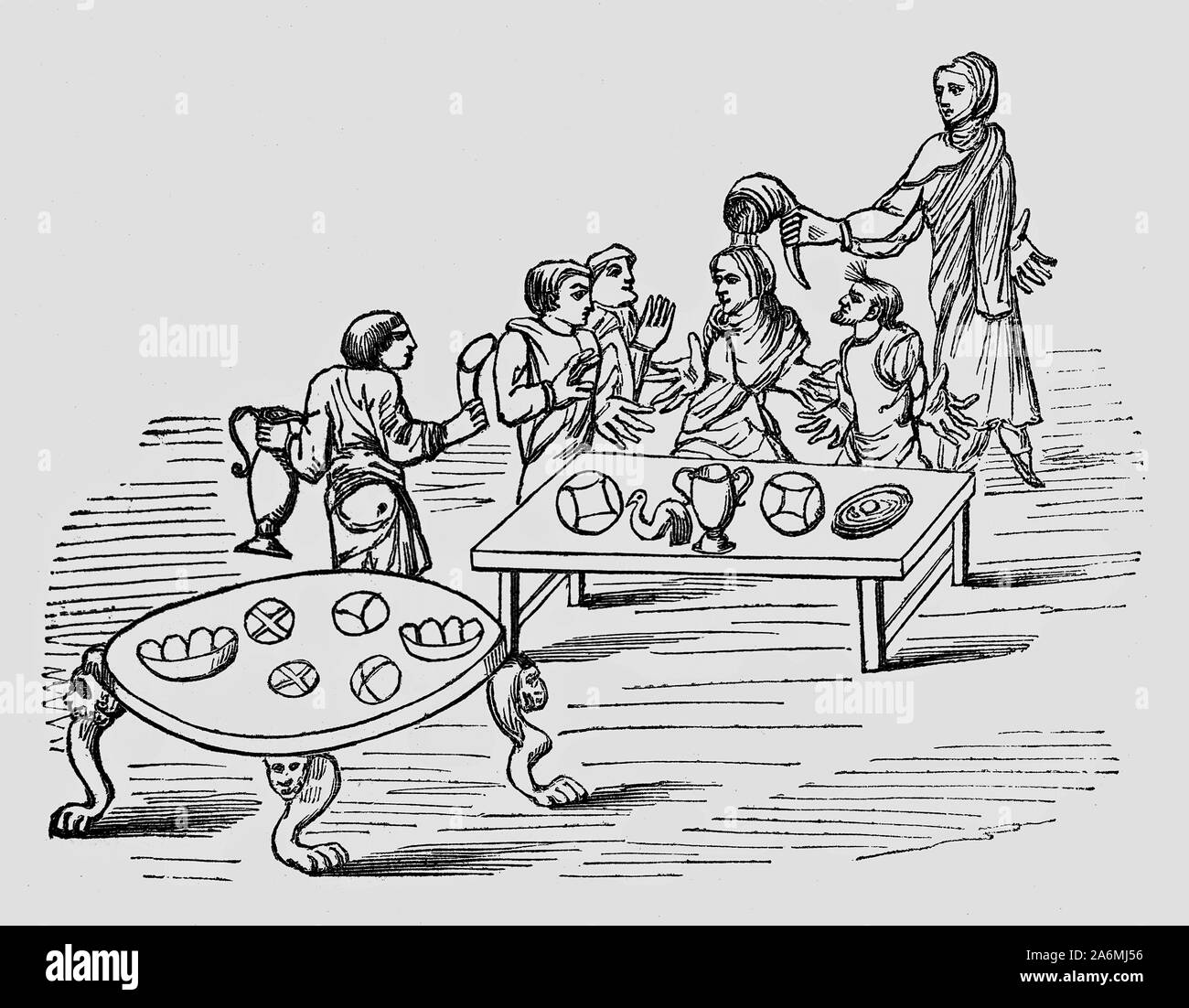 Examples of early medieval tables produced in Anglo-Saxon England from the end of Roman Britain in the 5th Century until the Norman conquest in 1066 of the 11th Century. Stock Photo