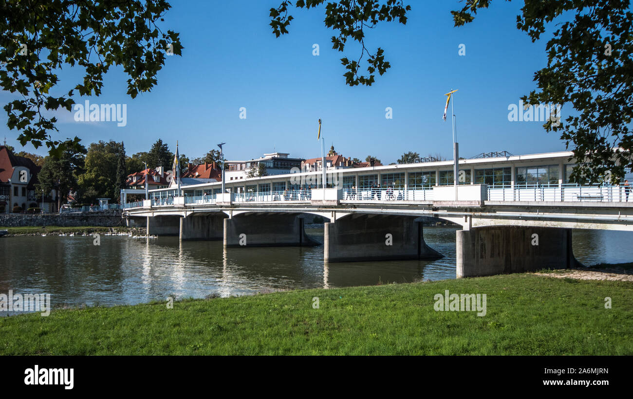 Colonnade bridge to spa island in Piestany Stock Photo
