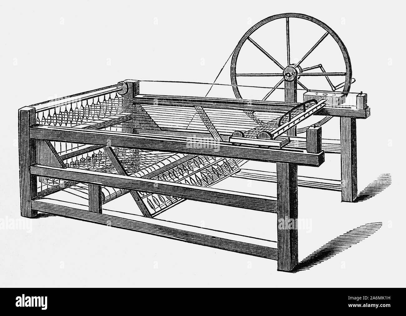 The spinning jenny is a multi-spindle spinning frame, invented in 1764 by James Hargreaves in Lancashire, England. It was one of the key developments in the industrialization of weaving during the early Industrial Revolution. The device reduced the amount of work needed to produce cloth, with a worker able to work eight or more spools at once. This grew to 120 as technology advanced. The yarn produced was not very strong until Richard Arkwright invented the water-powered water frame, which produced yarn harder and stronger than that of the initial spinning jenny starting the factory system. Stock Photo
