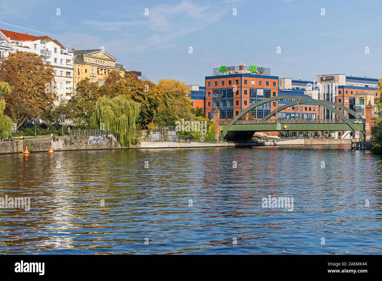 Berlin, Germany - October 14, 2019: Banks of the river Spree Bundesratufer in a district Westphalian quarter with the Lessing bridge, buildings of the Stock Photo