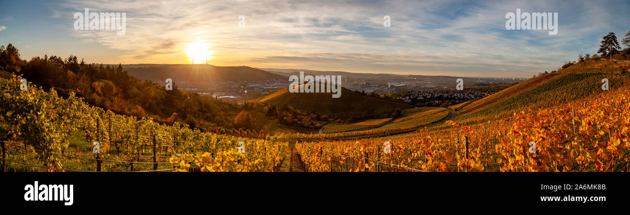 Autumn sunset view of Stuttgart sykline overlooking the colorful vineyards. The iconic Fernsehturm as well as the soccer stadium are visible. The sun Stock Photo