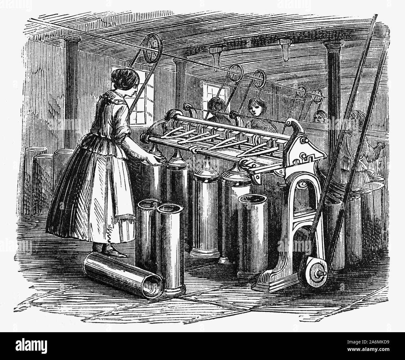 The drawing frame or spinning frame, is a machine for drawing, twisting, and winding yarn. Invented in the 1730s by Lewis Paul and John Wyatt, the spinning machine operated by drawing cotton or wool through pairs of successively faster rollers. It was eventually superseded by R. Arkwright’s water frame. Stock Photo