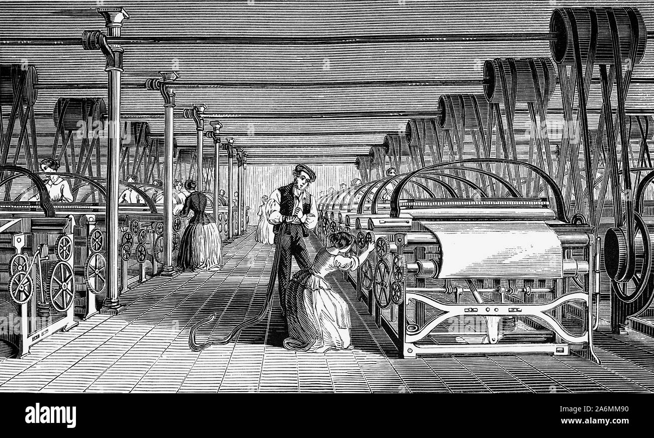 The 19th Century power loom is a mechanised loom, and one of the key developments in the industrialization of weaving during the early Industrial Revolution. The first power loom was designed in 1784 by Edmund Cartwright and first built in 1785. It was refined over the next 47 years until a design by Kenworthy and Bullough made the operation completely automatic. By 1850 there were 260,000 power looms in operation in England. Fifty years later came the Northrop loom which replenished the shuttle when it was empty. This replaced the Lancashire loom. Stock Photo