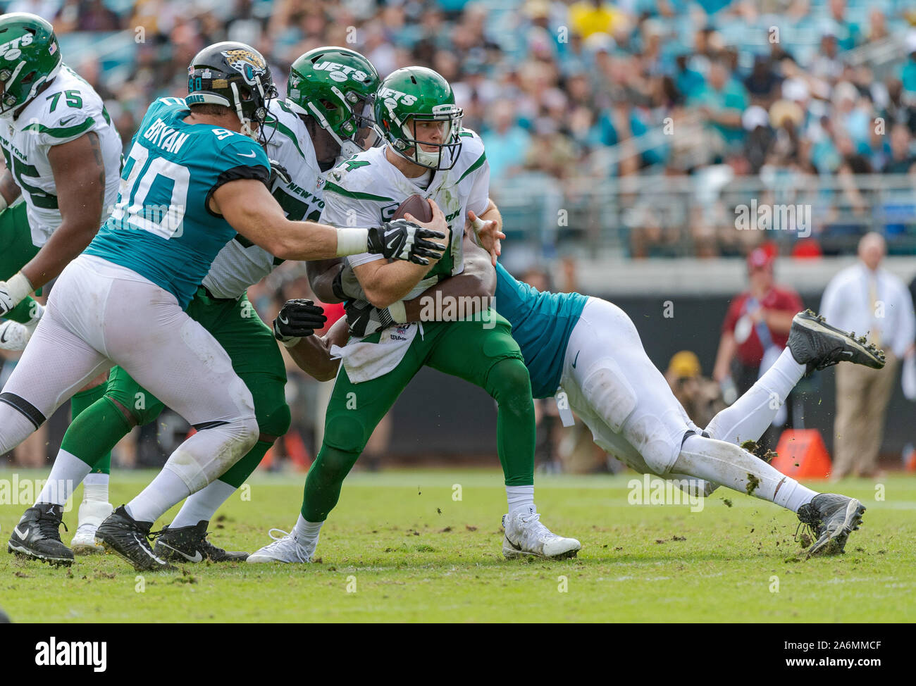 Jacksonville, FL, USA. 27th Oct, 2019. /n14 is sacked by Jacksonville defensive end Calais Campbell (93) during 2nd half NFL football game between the New York Jets and the Jacksonville Jaguars. Jaguars defeated Jets 29-15 at TIAA Bank Field in Jacksonville, Fl. Romeo T Guzman/CSM/Alamy Live News Stock Photo