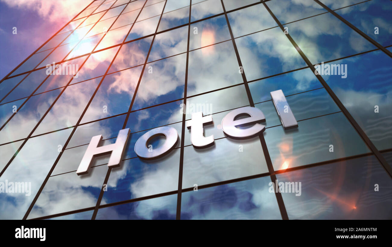 Hotel sign on glass skyscraper. Sky and sun rays mirrored in modern