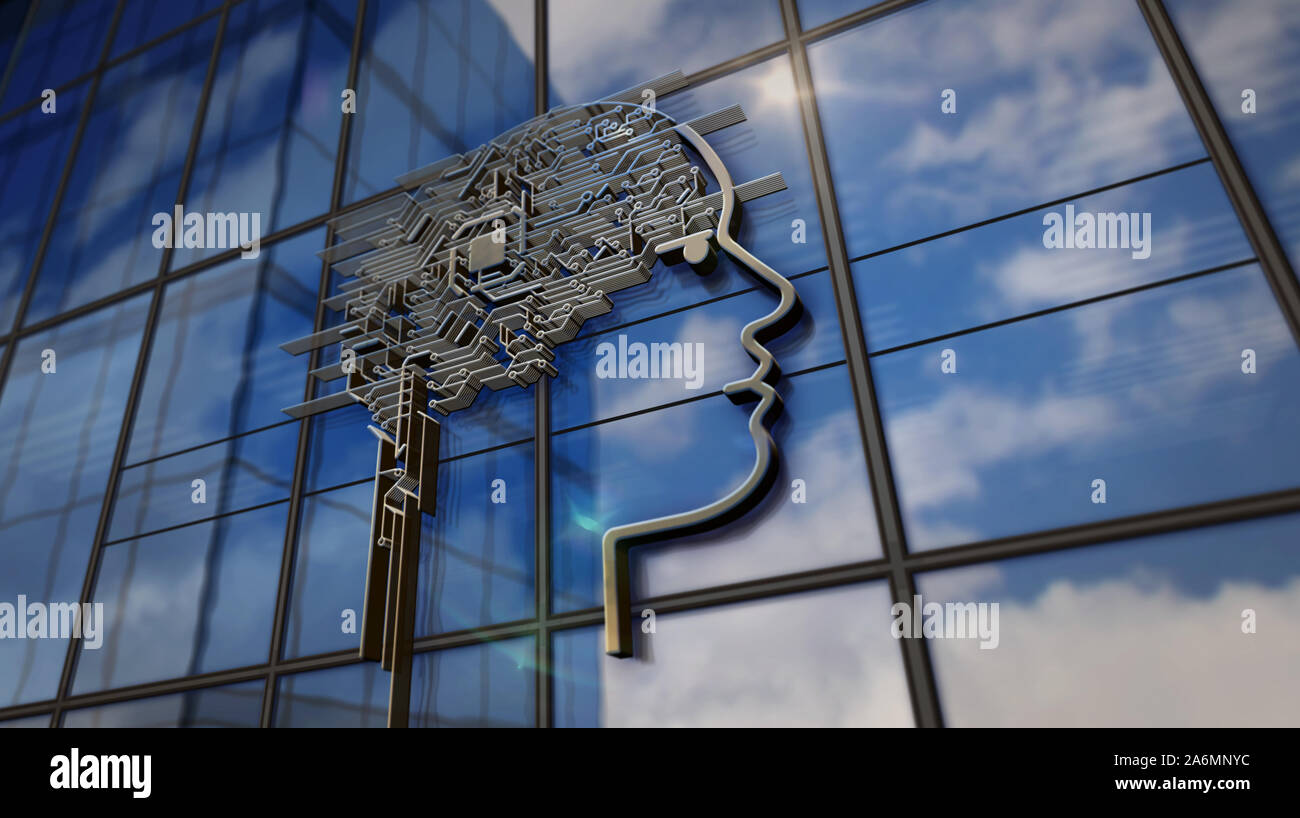 AI head symbol on glass building. Mirrored sky and city on modern facade. Artificial intelligence and cybernetic brain center concept 3D rendering ill Stock Photo