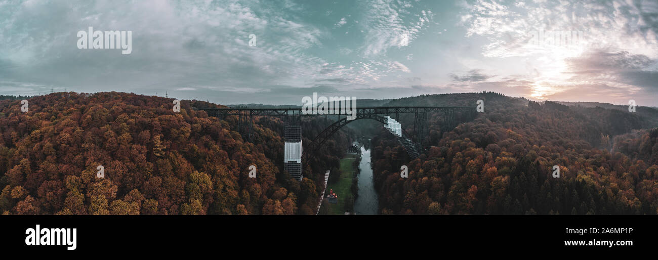 Müngsten Bridge  the highest railway bridge in Germany Drone photography. Stock Photo