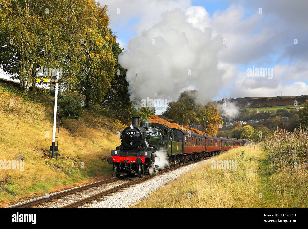 78022 approaches Oakworth on the Keighley & Worth Valley Railway. Stock Photo