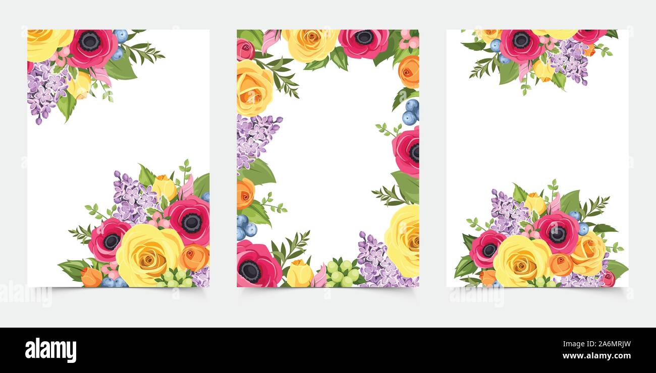 Vector set of flyers with red, pink, orange yellow and purple roses ...