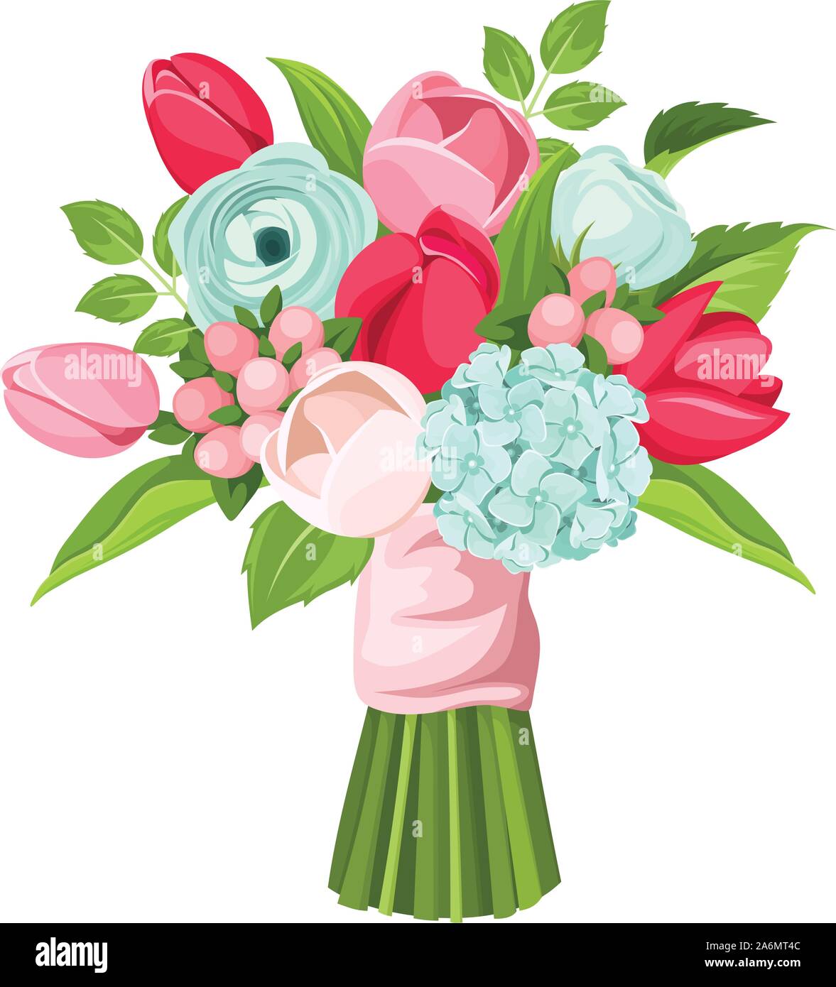 Vector bouquet of red, pink and blue tulips, ranunculus and hydrangea flowers isolated on a white background. Stock Vector
