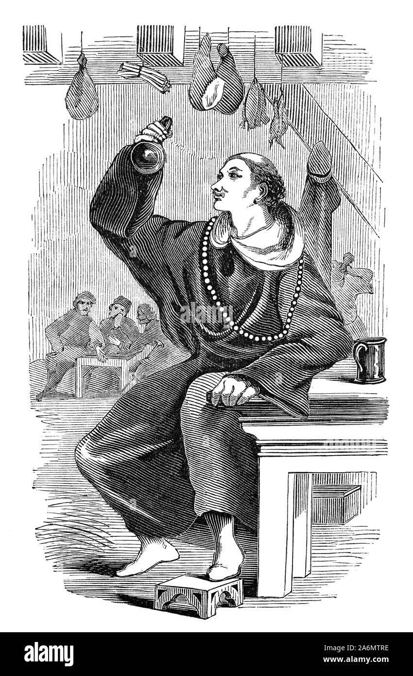 'The Friar's Tale' is a story in The Canterbury Tales by Geoffrey Chaucer, told by Huberd the Friar and centers around a corrupt summoner and his interactions with the Devil.  The tale is a satirical and somewhat bitter attack on the profession of summoner—an official in ecclesiastical courts who summons people to attend—and in particular The Summoner, one of the other people on the pilgrimage Stock Photo