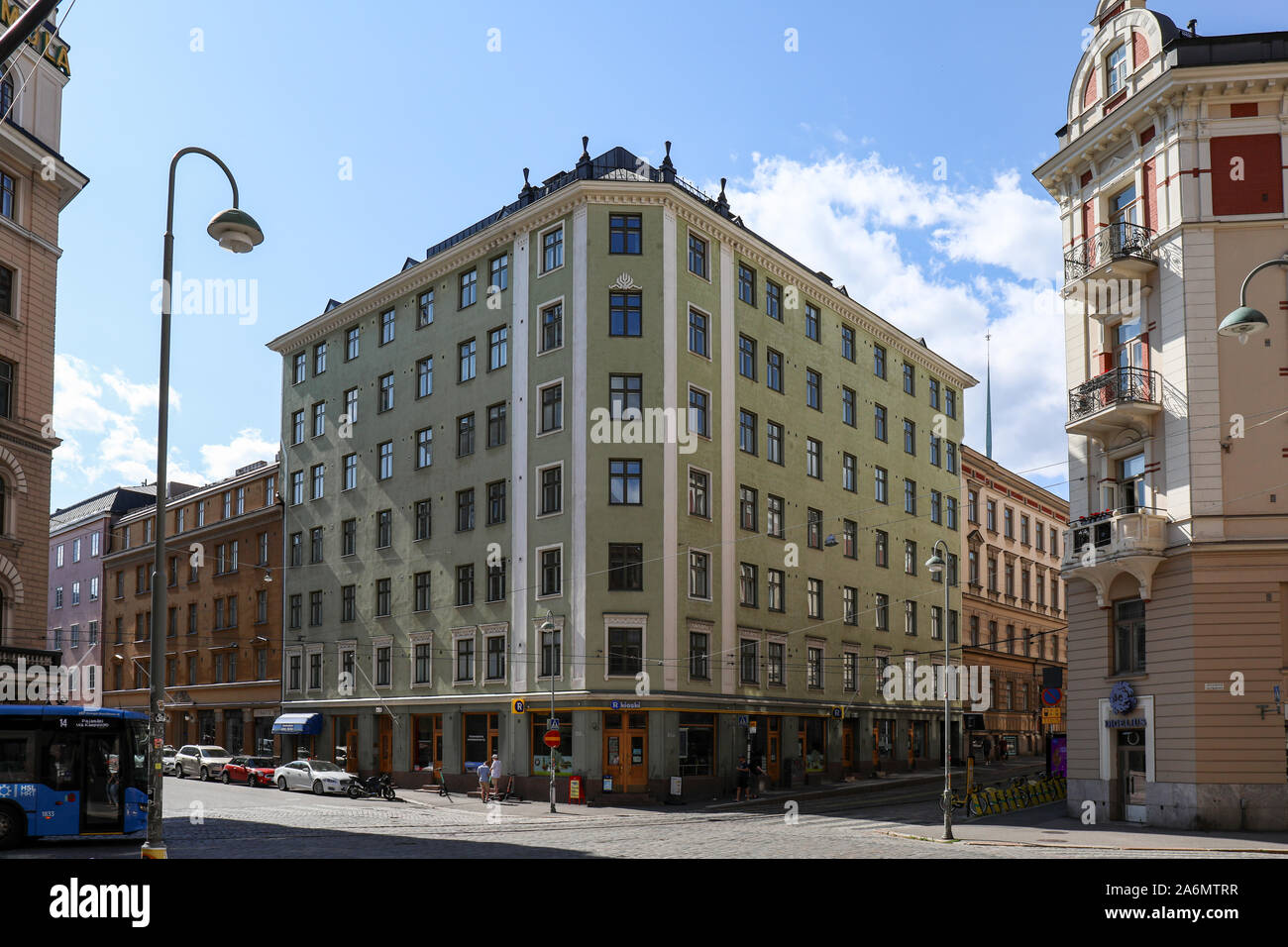 Residential building in Viiskulma, intersection of five streets at the boundary of the Punavuori and Ullanlinna neighbourhoods in Helsinki, Finland Stock Photo