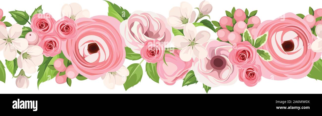 Vector horizontal seamless background with pink roses, lisianthuses ...