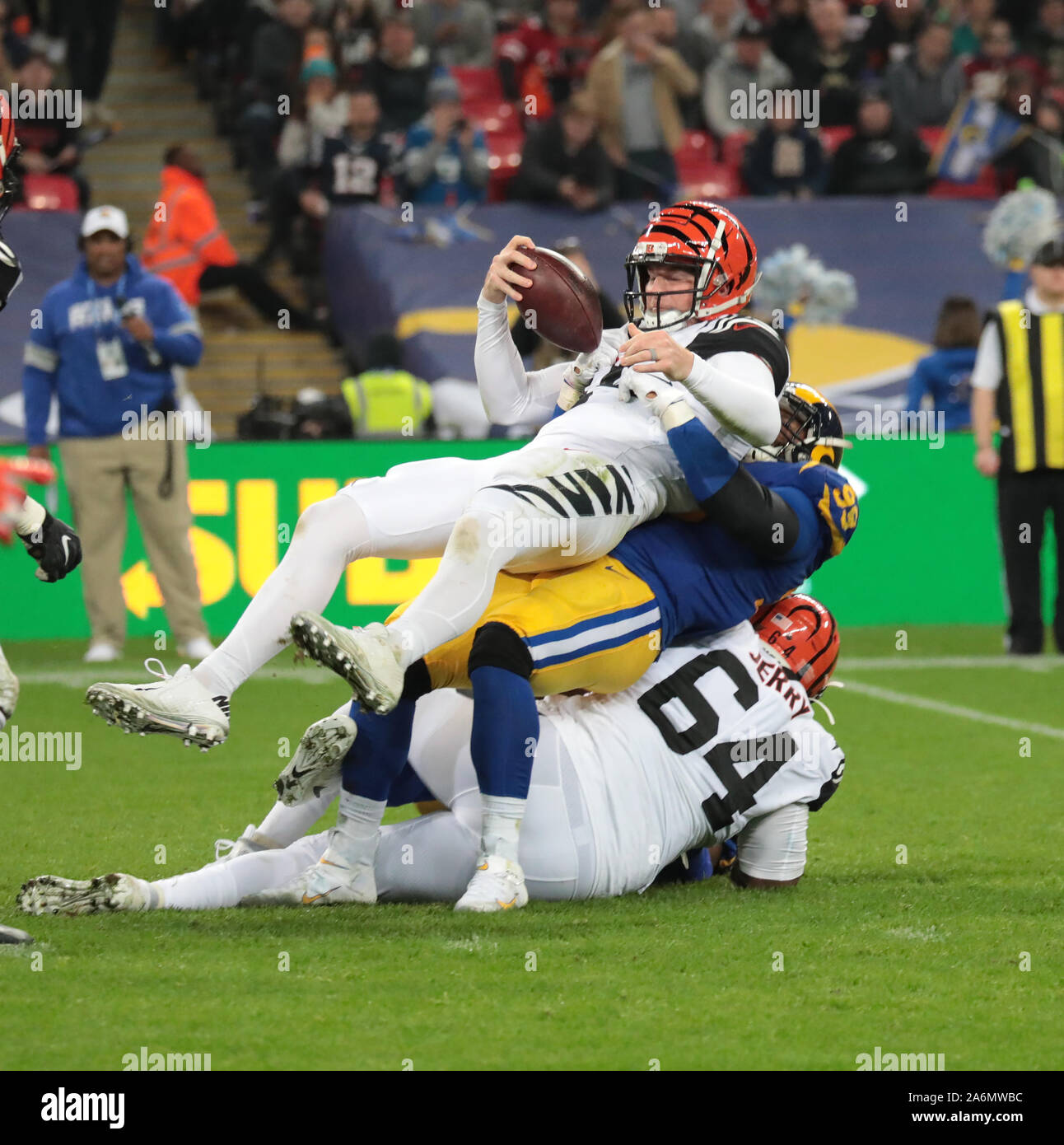 London, UK. 27th Oct, 2019. Cincinnati Bengals Quarter Back Andy Dalton is sacked by the Los Angeles Rams in the NFL London Series in London on Sunday, October 27, 2019. Los Angeles Rams beat the Cincinnati Bengals 24-10. Photo by Hugo Philpott/UPI Credit: UPI/Alamy Live News Stock Photo