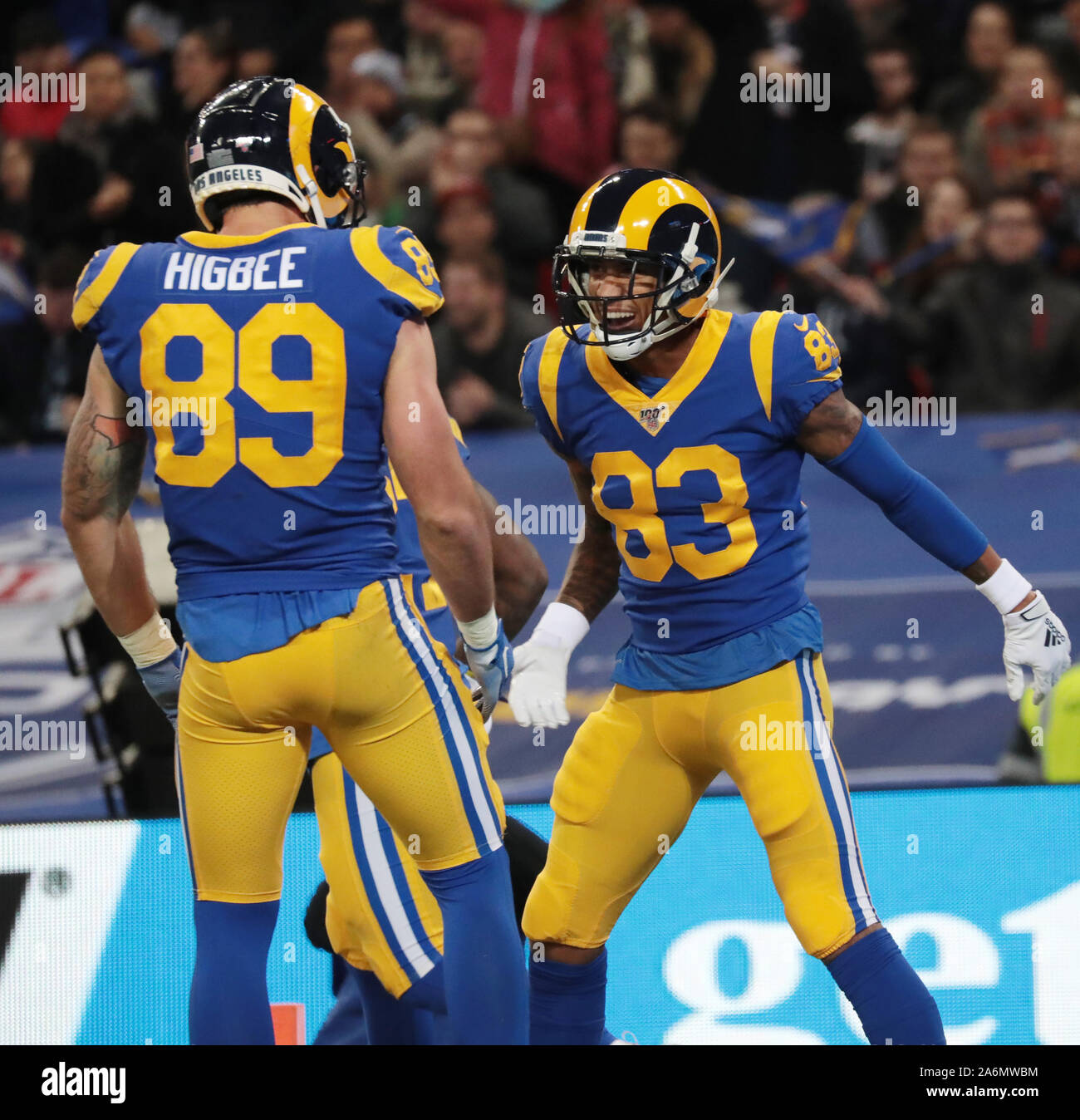 London, UK. 27 October 2019. Rams Wide Receiver, Josh Reynolds (83)  celebrates with Rams Tight End, Gerald Everett (81) and Rams Tight End,  Tyler Higbee (89) after scoring during the NFL match