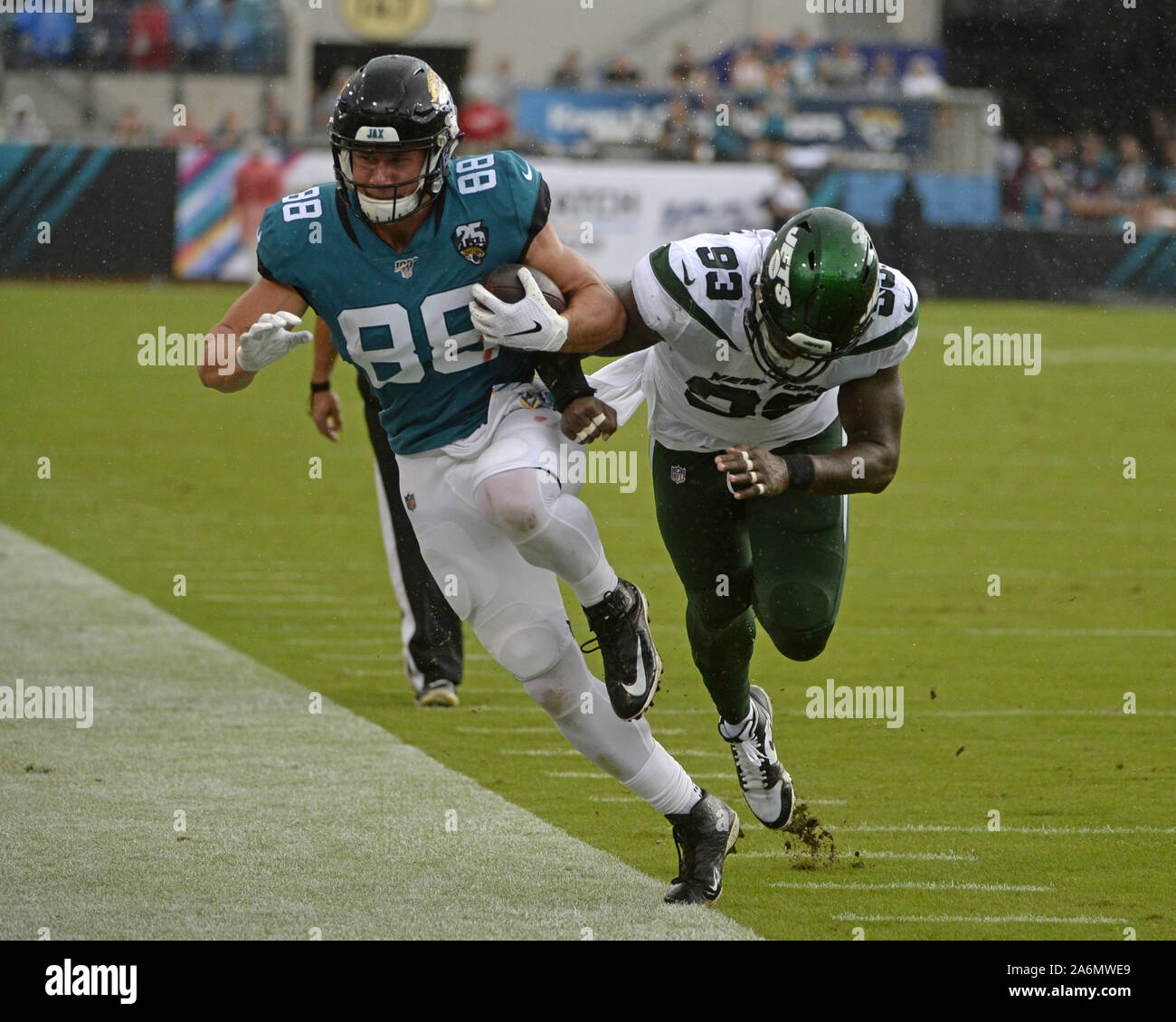 Jacksonville, USA. 27th Oct, 2019. Jacksonville Jaguars Tight End Seth  DeValve (88) is pushed out of bounds following a reception during the  second half as the New York Jets play the Jacksonville