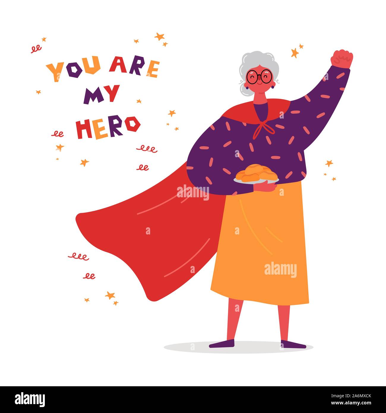 Grandma is a superhero with pastries. Stock Vector