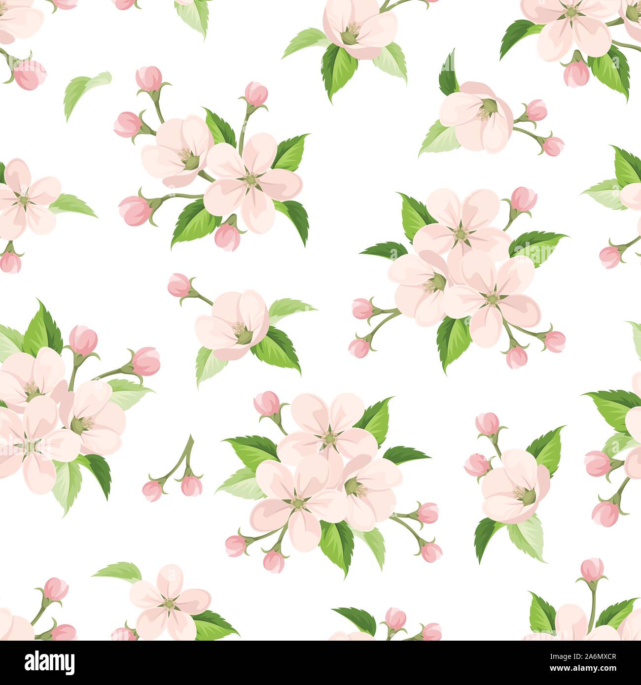 Vector seamless pattern with pink apple blossoms and green leaves on a ...