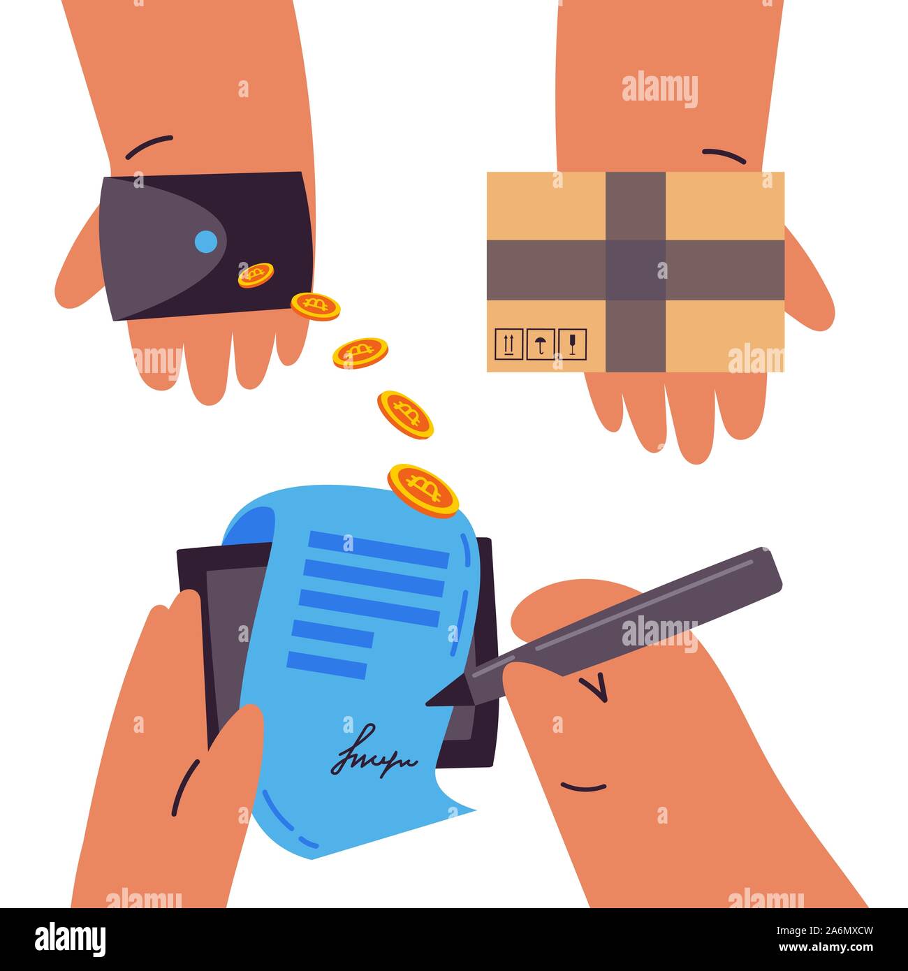 Buying things through a blockchain contract  Stock Vector
