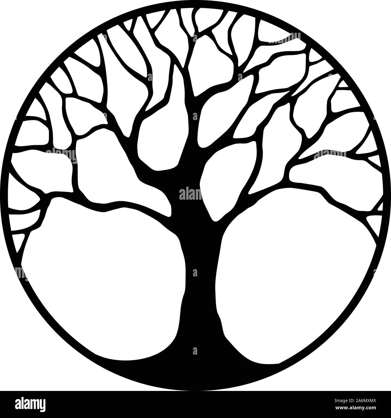 Vector black silhouette of a tree in a circle isolated on a white