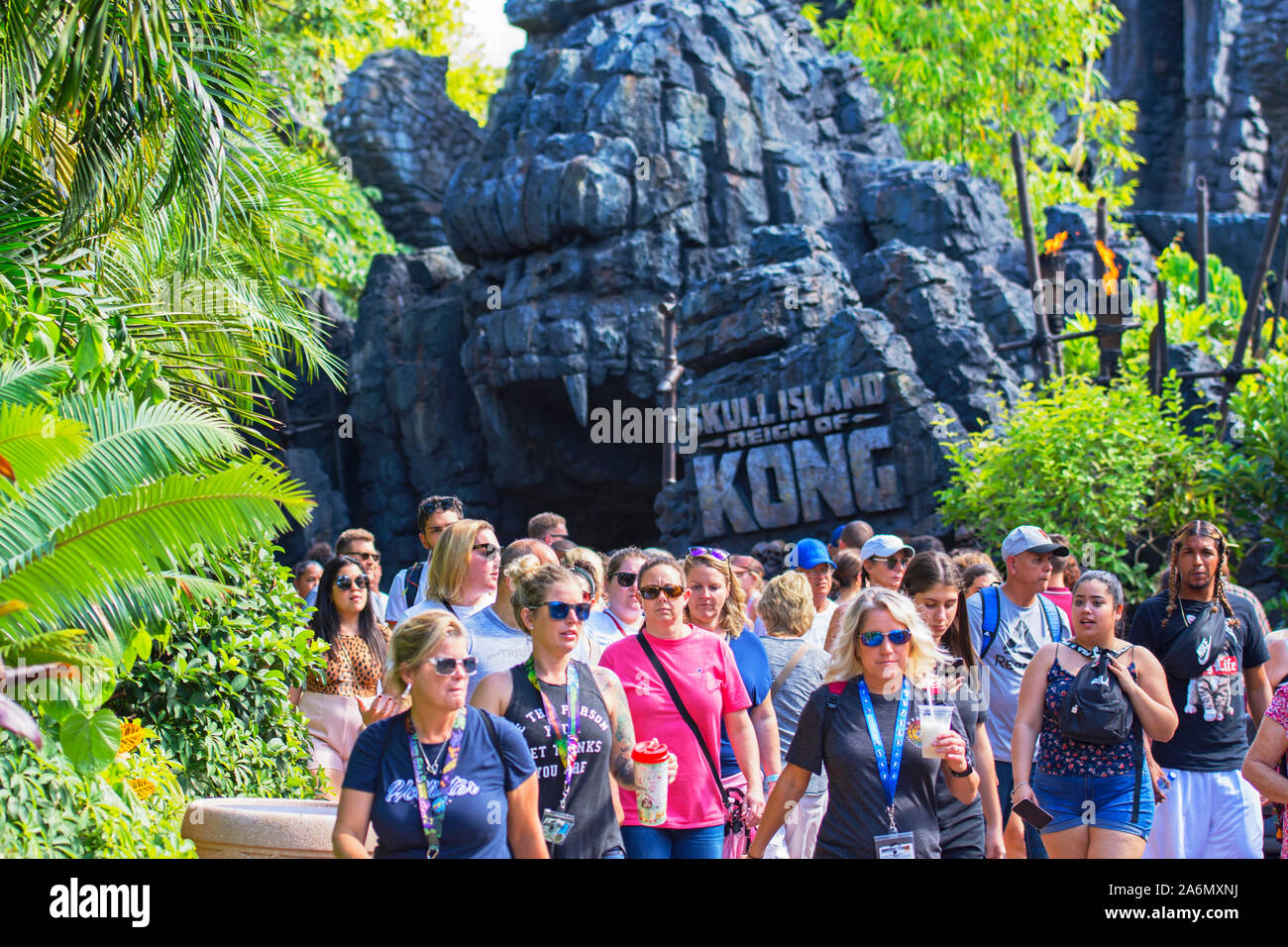 Skull Island Reign of Kong entrance to Ride, People, Islands of Adventure, Universal Studios Resort, Orlando, Florida, USA Stock Photo