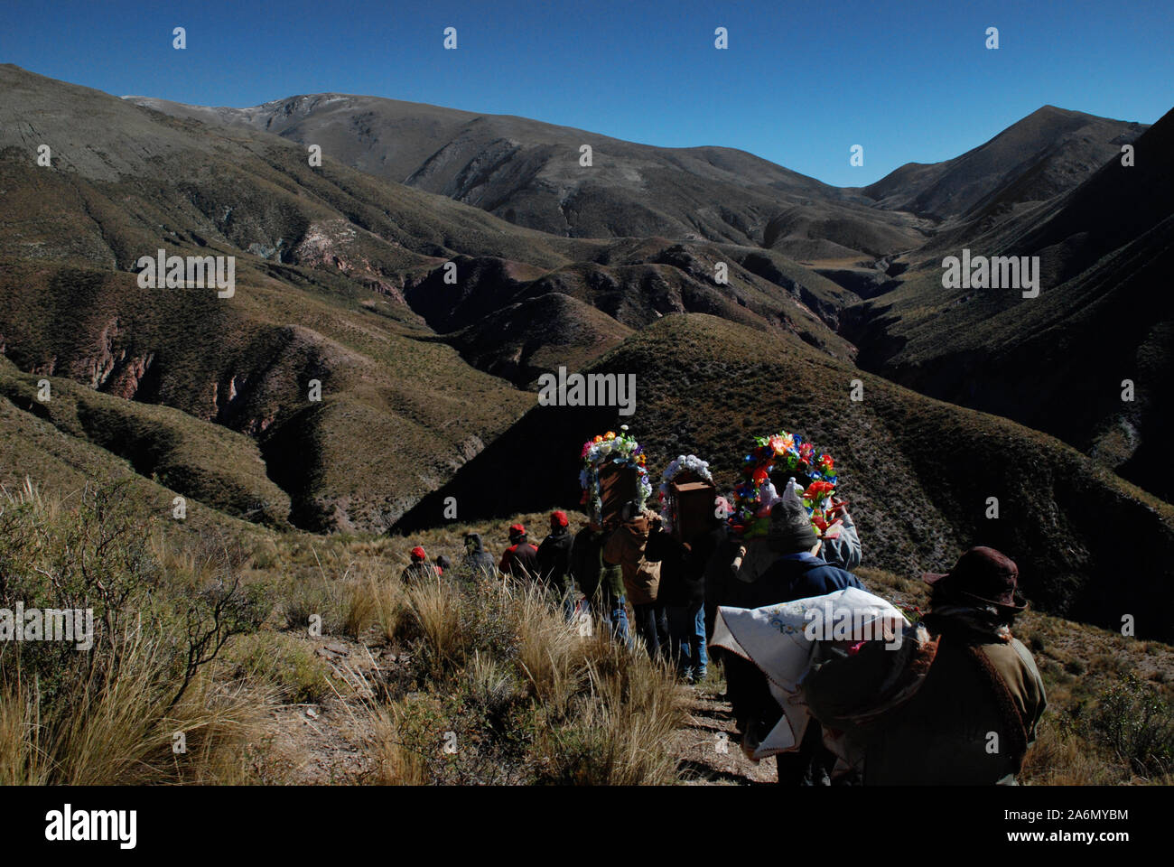 After an 8 hours journey, pilgrims get to San Jos. There is a very small church where pilgrims go to mass and spend the night. The next morning, they spend 5 hours walking back down to get home. The phrase Òpay for yours sinsÓ is said all the time during pilgrimage. Juella, Quebrada de Humahuaca, Jujuy, Argentina.. Stock Photo