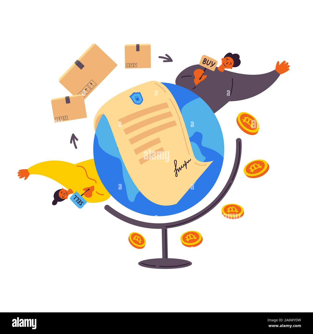 Blockchain contract between people around world Stock Vector