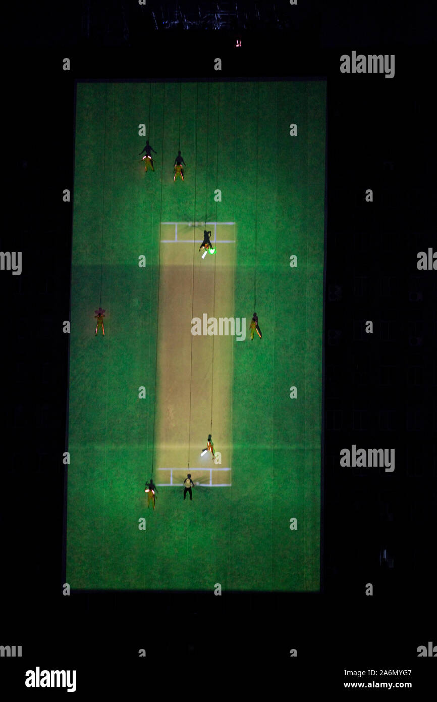 A virtual game of cricket had been organized to entertain the audience at the opening ceremony of the 10th ICC Cricket World Cup, in Bangabandhu National Stadium, Dhaka, Bangladesh. February 17, 2011. Stock Photo