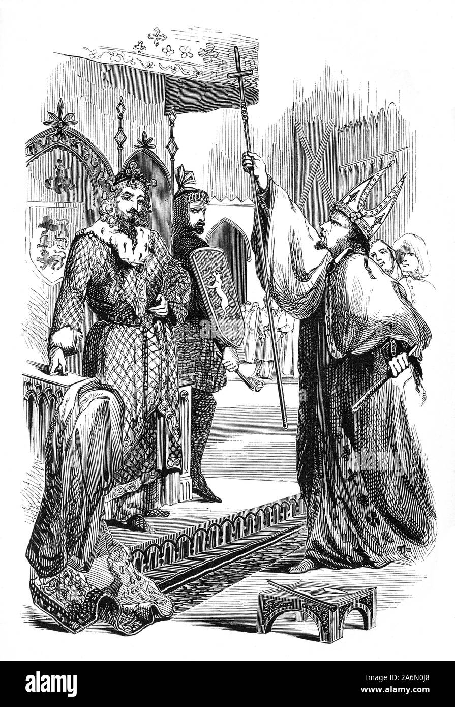 Henry II swearing to observe the  Charter of Liberties, also called the Coronation Charter, a written proclamation by Henry I of England, issued upon his accession to the throne in 1100. It sought to bind the King to certain laws regarding the treatment of nobles, church officials, and individuals. Stock Photo