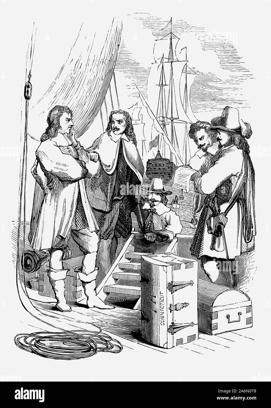 The attempted emigration to the colonies of John Hampden with Oliver Cromwell in the 1630s, Future architects of the English Civil War. Stock Photo