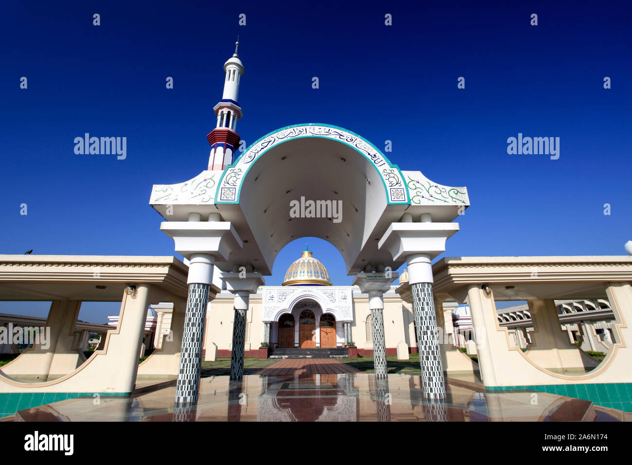 Granite floor of the porch of Baitul Aman Jame Mosque, about 34 kilometers away from Barisal city. The mosque was built in 2004, following modern Muslim architecture. Barisal, Bangladesh. November 10, 2010. Stock Photo