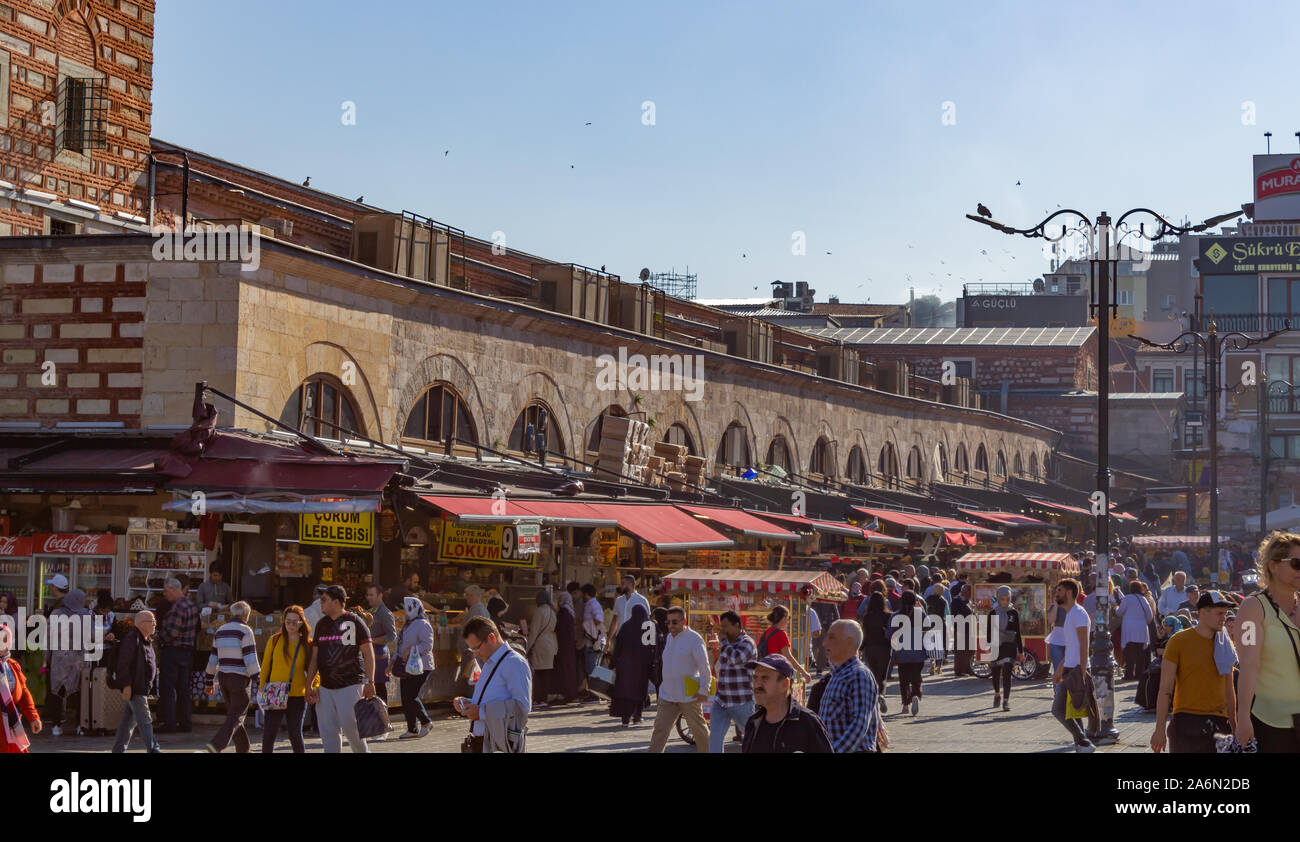 Eminonu, Istanbul / Turkey - October 09 2019: Istanbul Eminonu Square and  Bazaar (Misir Bazaar). Peoples shopping in the marketplace and daily life. Stock Photo