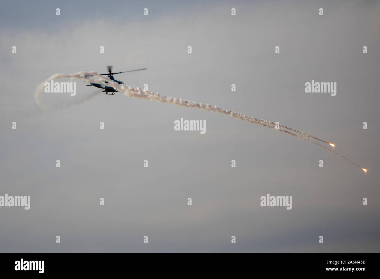 A U.S. Marine Corps UH-1Y Venom aircraft assigned to Marine Aviation Weapons and Tactics Squadron One (MAWTS-1), conducts an assault support tactics exercise during Weapons and Tactics Instructor (WTI) course 1-20 at Chocolate Mountain Aerial Gunnery Range, California, Oct. 16, 2019. WTI is a seven-week training event hosted by Marine Aviation Weapons and Tactics Squadron One (MAWTS-1), which emphasizes operational integration of the six functions of Marine Corps aviation in support of a Marine Air Ground Task Force. WTI also provides standardized advanced tactical training and certification o Stock Photo