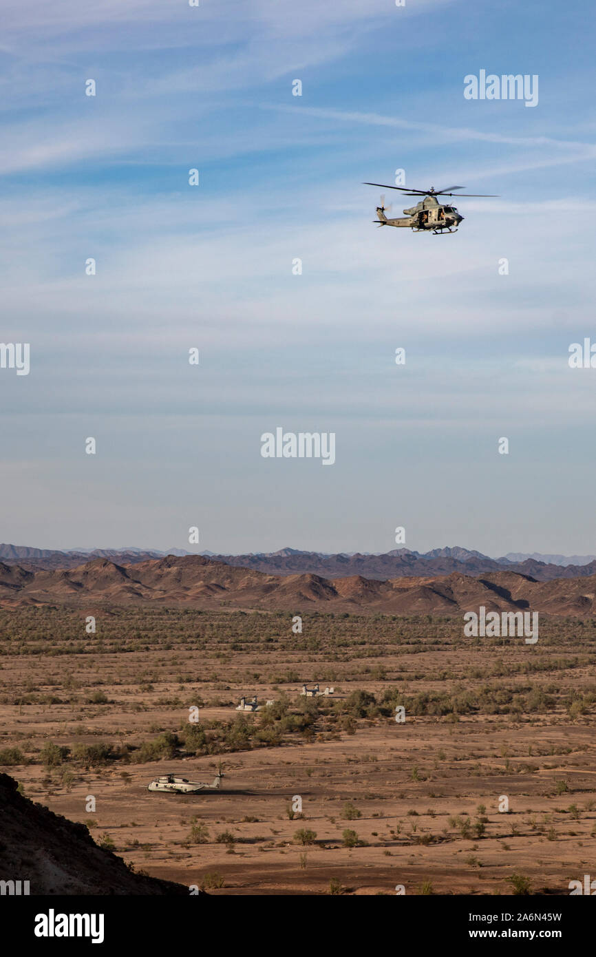 U.S. Marine Corps aircraft assigned to Marine Aviation Weapons and Tactics Squadron One (MAWTS-1), conducts an assault support tactics exercise during Weapons and Tactics Instructor (WTI) course 1-20 at Chocolate Mountain Aerial Gunnery Range, California, Oct. 16, 2019. WTI is a seven-week training event hosted by Marine Aviation Weapons and Tactics Squadron One (MAWTS-1), which emphasizes operational integration of the six functions of Marine Corps aviation in support of a Marine Air Ground Task Force. WTI also provides standardized advanced tactical training and certification of unit instruc Stock Photo