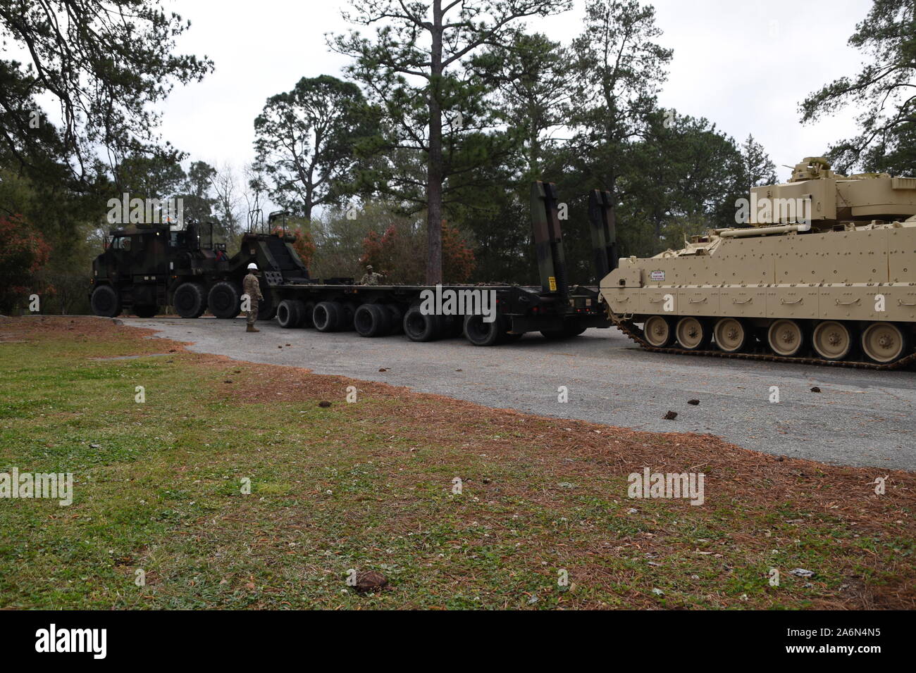 The South Carolina National Guard Unit Training Equipment Site partnered with Fort Jackson March 26, 2019 to help move vehicles from the U.S Army Basic Combat Training Museum on Fort Jackson, South Carolina to the Logistics Readiness Center to be repainted and renovated as needed to be used as historical displays on the installation. (U.S. Army National Guard photo by Capt. Jessica Donnelly, South Carolina National Guard) Stock Photo