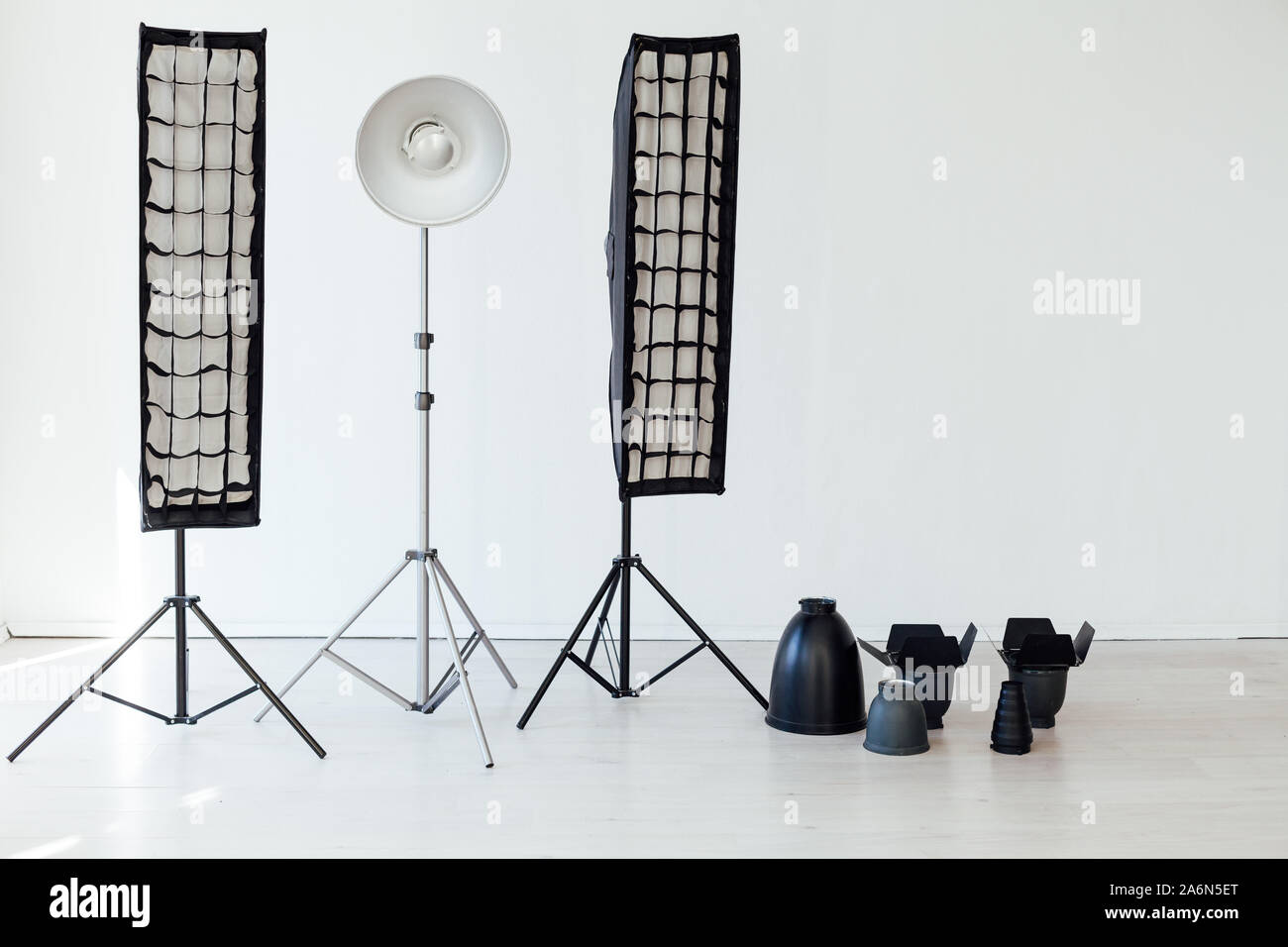 Photo studio equipment flash light accessories photographer on white ...