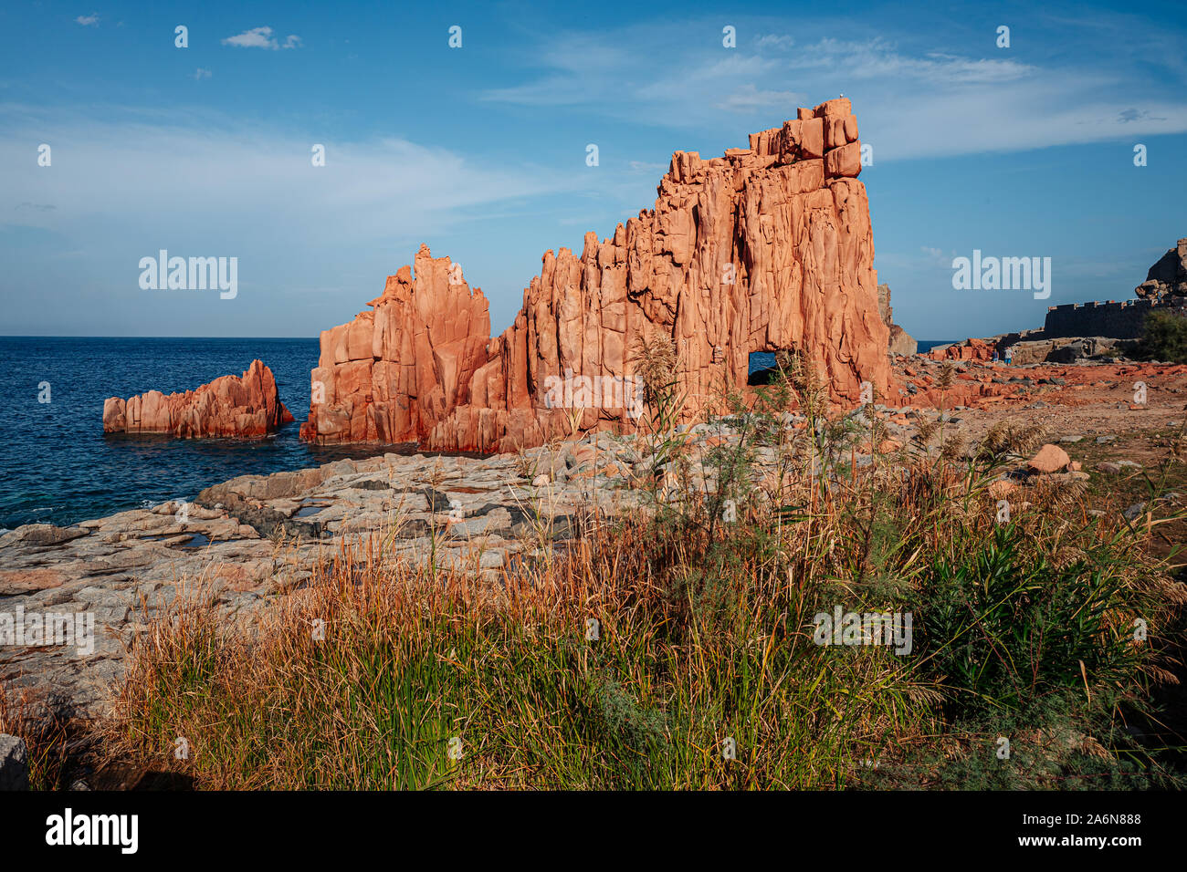 ARBATAX, ITALY / OCTOBER 2019: The scenic red rocks beach in Sardinia ...