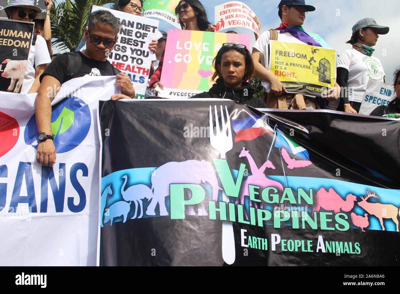 Manila, Philippines. 26th Oct, 2019. Hundreds of animal rights activist march with their signs and placards to raise awareness on cruelty to animals and to unite the animal rights and vegan community Manila, Philippines. 26th Oct, 2019. Hundreds of animal rights activist march with their signs and placards to raise awareness on cruelty to animals and to unite the animal rights and vegan community