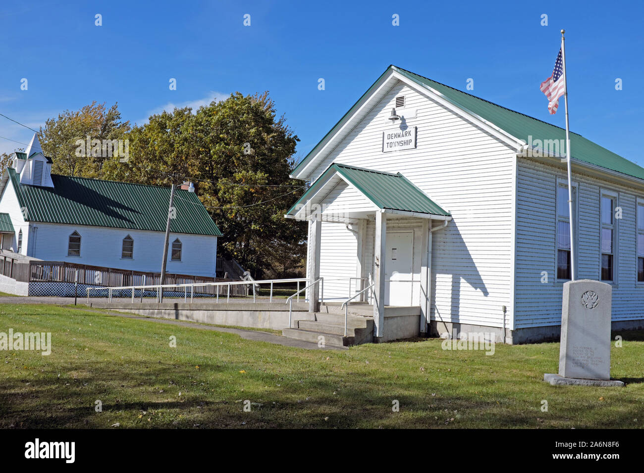 Rural town hall and town church in Ashtabula County, Ohio, USA. Stock Photo