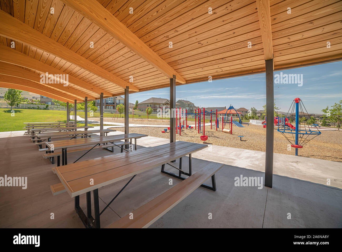 Wooden seats playground hi-res stock photography and images - Alamy