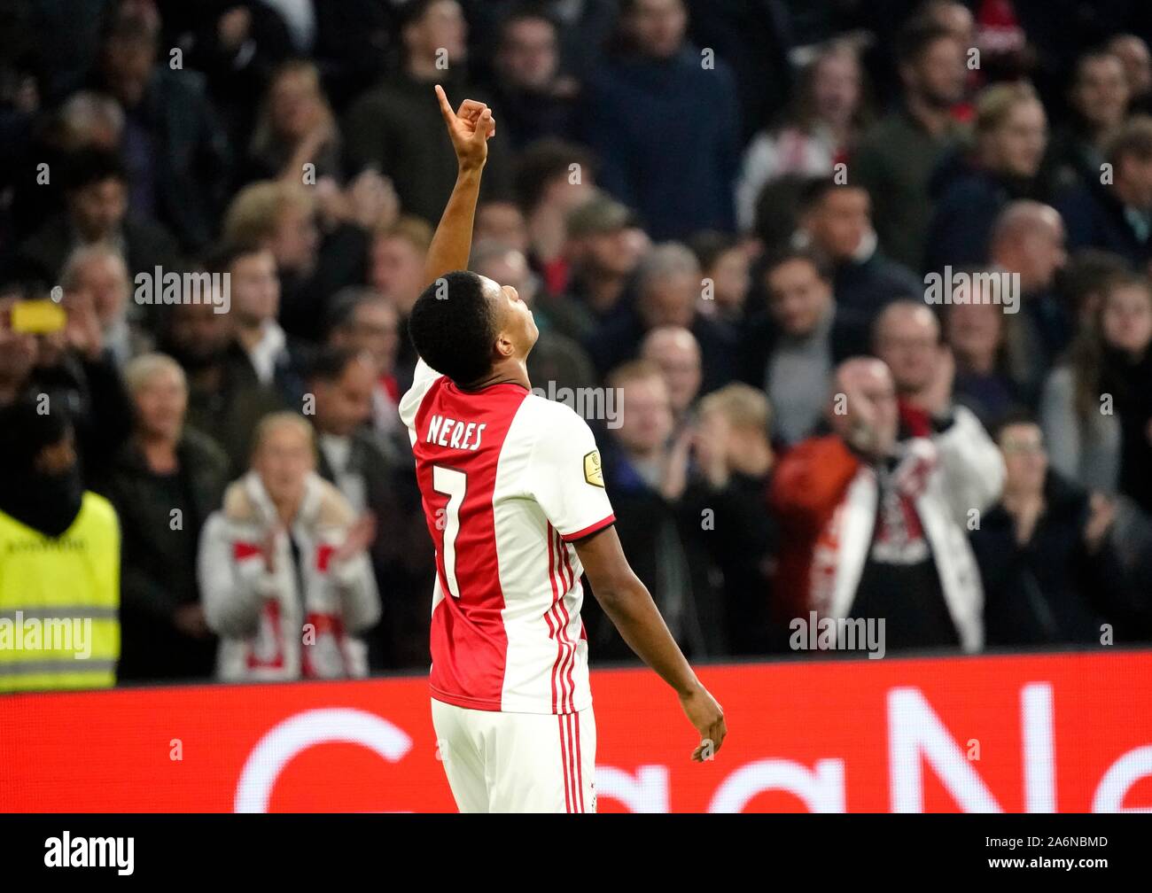 Amsterdam, Netherlands. 27th Oct, 2019. David Neres (Ajax) after 3-0 during Premier Divison football Ajax-Feyenoord on October 27, 2019 in the Johan Cruijff Arena in Amsterdam (Photo: Soenar Chamid/SCS/AFLO) (HOLLAND OUT) Credit: Aflo Co. Ltd./Alamy Live News Stock Photo