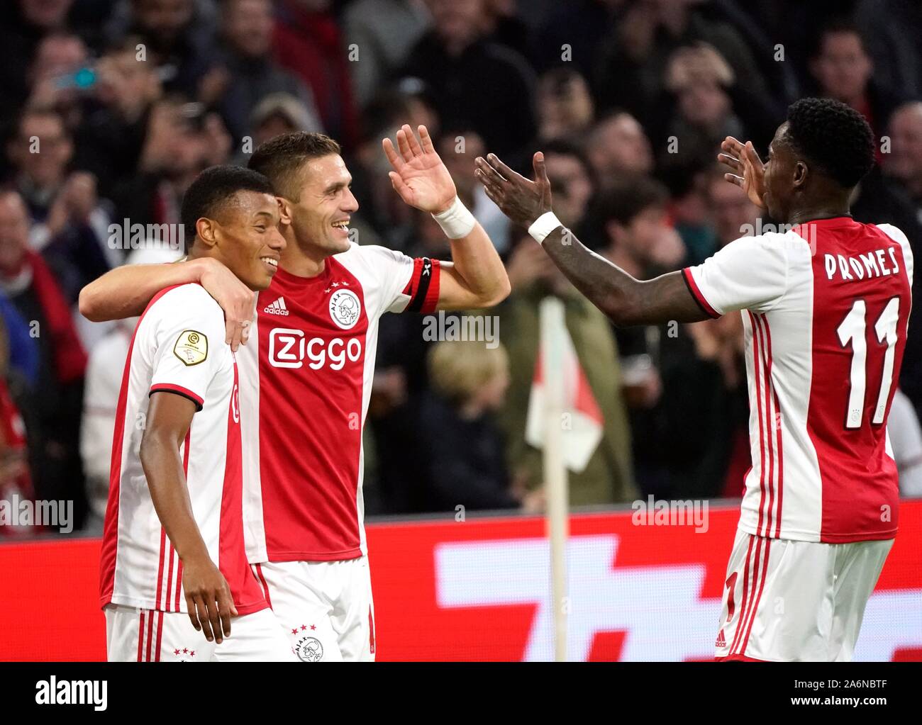 Amsterdam, Netherlands. 27th Oct, 2019. David Neres (Ajax) and Dusan Tadic (Ajax) after 3-0 during Premier Divison football Ajax-Feyenoord on October 27, 2019 in the Johan Cruijff Arena in Amsterdam (Photo: Soenar Chamid/SCS/AFLO) (HOLLAND OUT) Credit: Aflo Co. Ltd./Alamy Live News Stock Photo