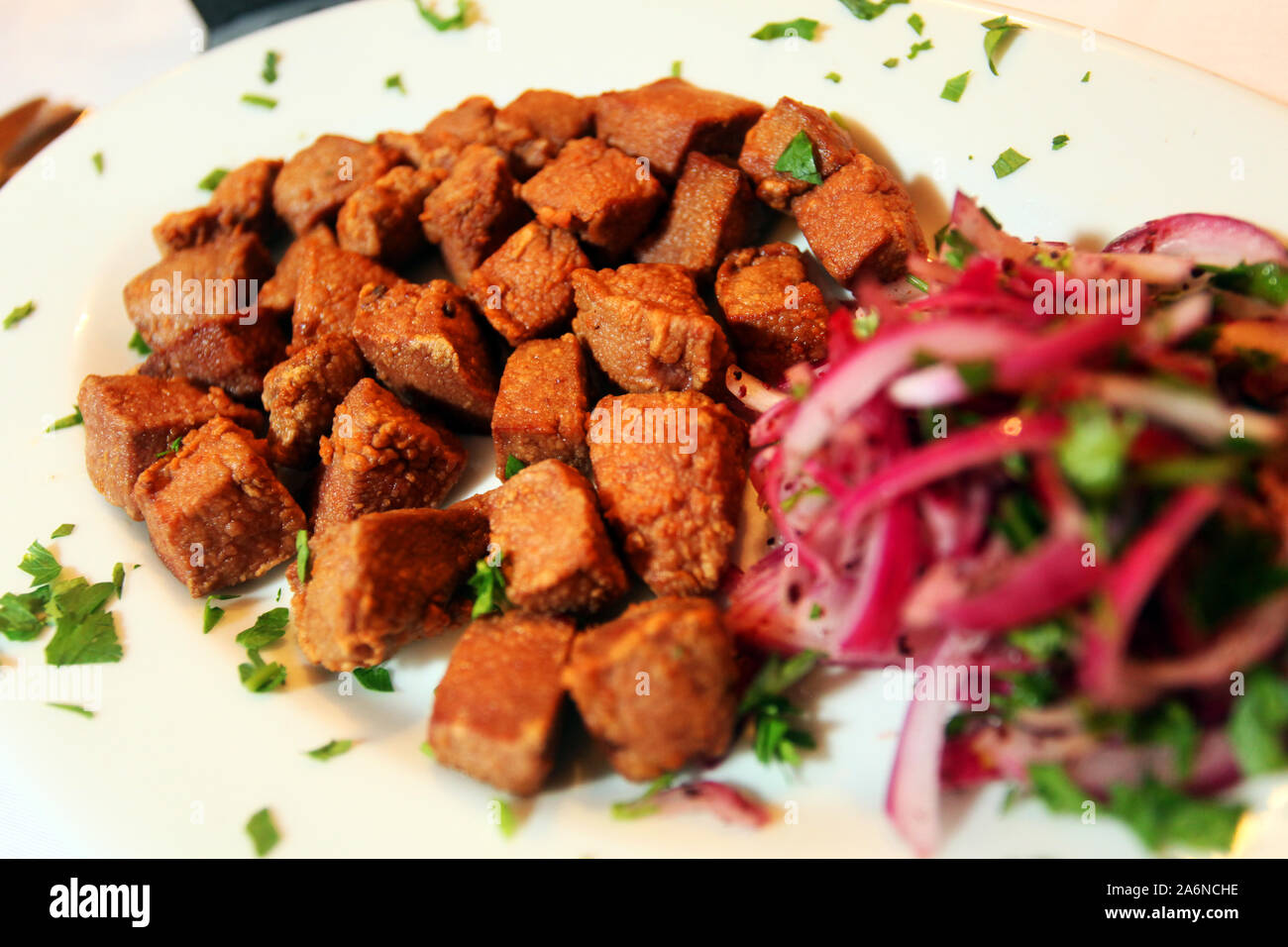 Turkish liver kebab (Ciger Kebab) on the dinner plate Stock Photo Alamy
