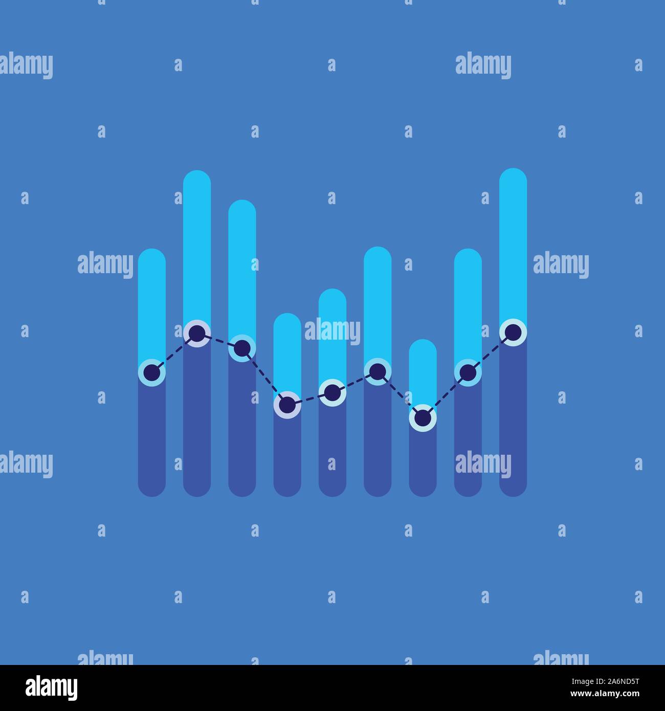 Infographics with blue overlapping bars and dotted center line graph ...