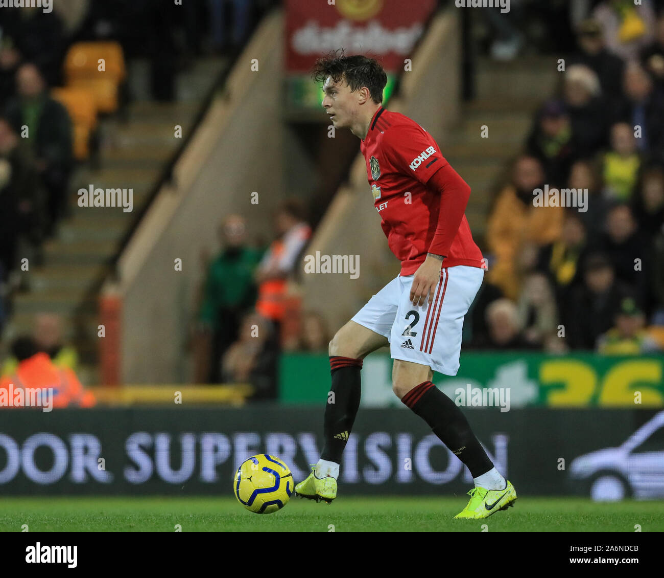 27th October 2019, Carrow Road, Norwich, England; Premier League, Norwich City v Manchester United : Victor Lindelof (2) of Manchester United during the game Credit: Mark Cosgrove/News Images Stock Photo