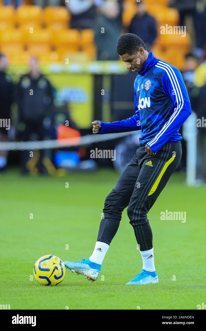 27th October 2019, Carrow Road, Norwich, England; Premier League, Norwich City v Manchester United : Marcus Rashford (10) of Manchester United warming up  Credit: Mark Cosgrove/News Images Stock Photo