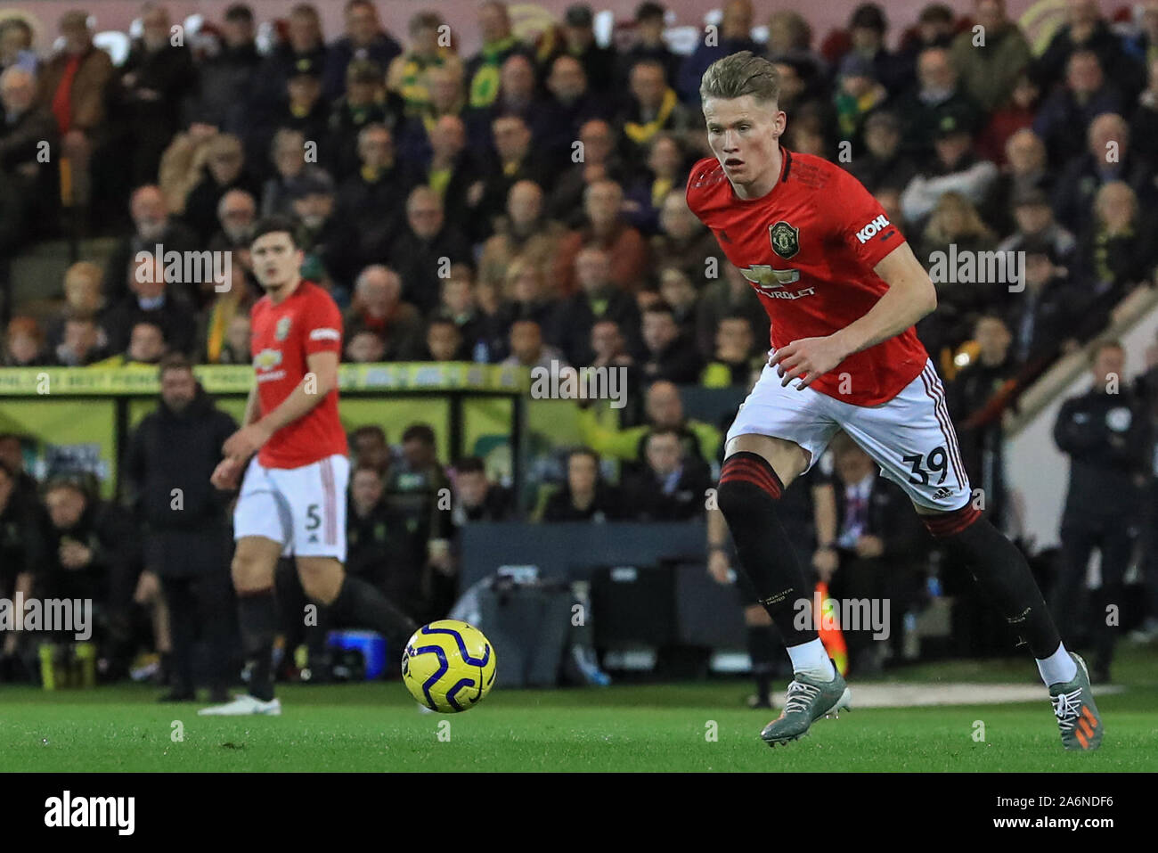 27th October 2019, Carrow Road, Norwich, England; Premier League, Norwich City v Manchester United :Scott McTominay (39) of Manchester United in action during the game  Credit: Mark Cosgrove/News Images Stock Photo